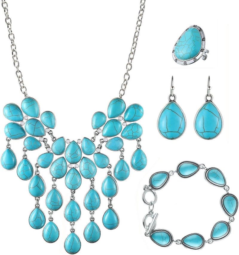 JMScape 4 PCS Western Turquoise Jewelry for Women Boho Vintage Navajo Pearl Necklace Earring Bracelet Ring Set Country Cowgirl Accessories for Gift - Image 1
